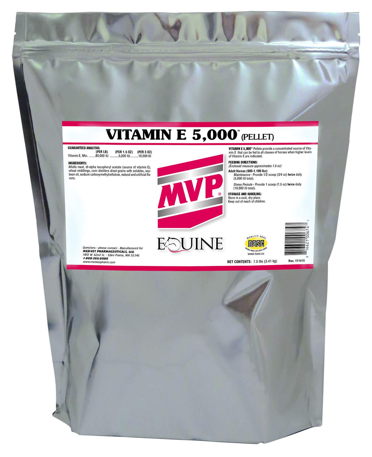 MVP Vitamina E 5000 en pellets, envase práctico para la dosis diaria del caballo.