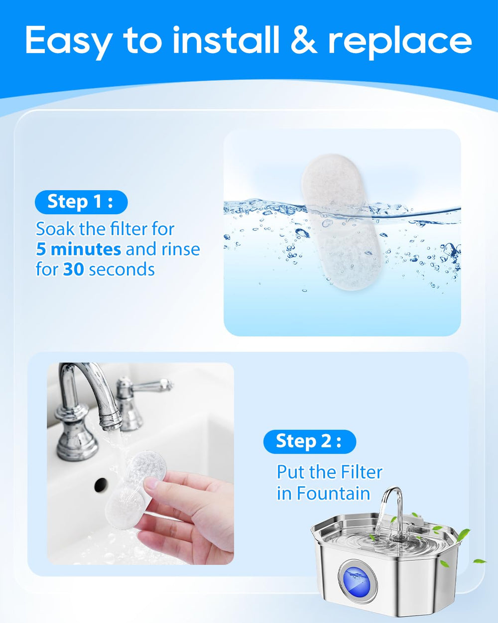 Kit de reemplazo 8 filtros y 8 esponjas para mantenimiento sencillo.