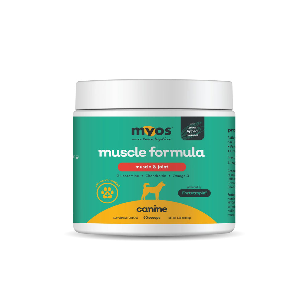 MYOS CANINE MUSCLE FORMULA en bote; apoyo a la recuperación muscular canina