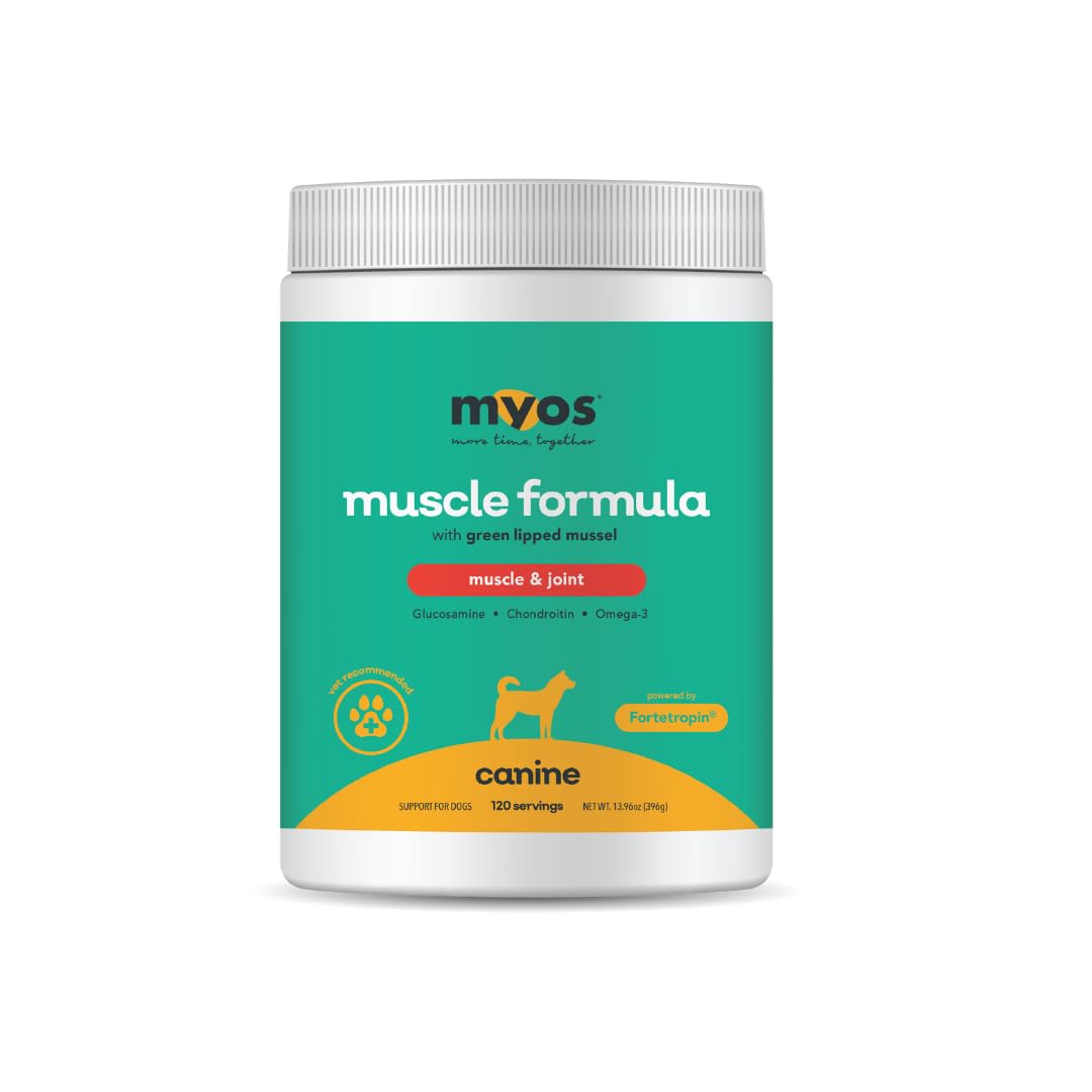 MYOS Canine Muscle Formula en botella mostrando la dosis y recuperación muscular