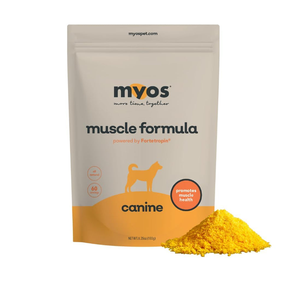 MYOS Canine Muscle Formula en botella, apoyo natural para la masa muscular del perro.