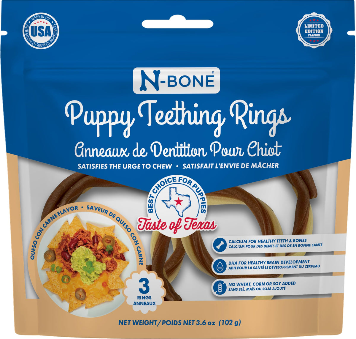 N-Bone Anillos de Dentición para Cachorros, sabor Texas Queso con Carne, masajean encías.