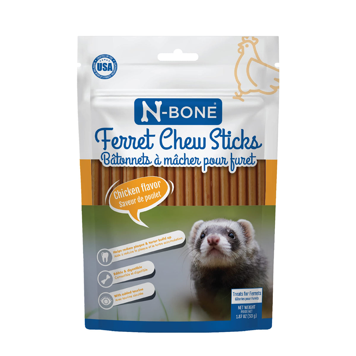 N-Bone Ferret Chew Sticks en paquete, sabor pollo para hurones.