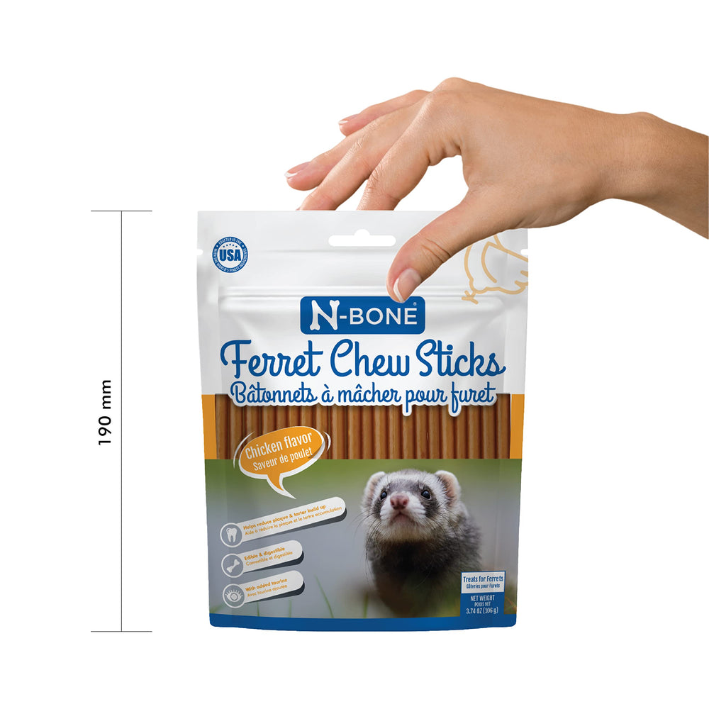 N-Bone Ferret Chew Sticks sabor pollo, sin jarabe de maíz ni endulzantes artificiales.