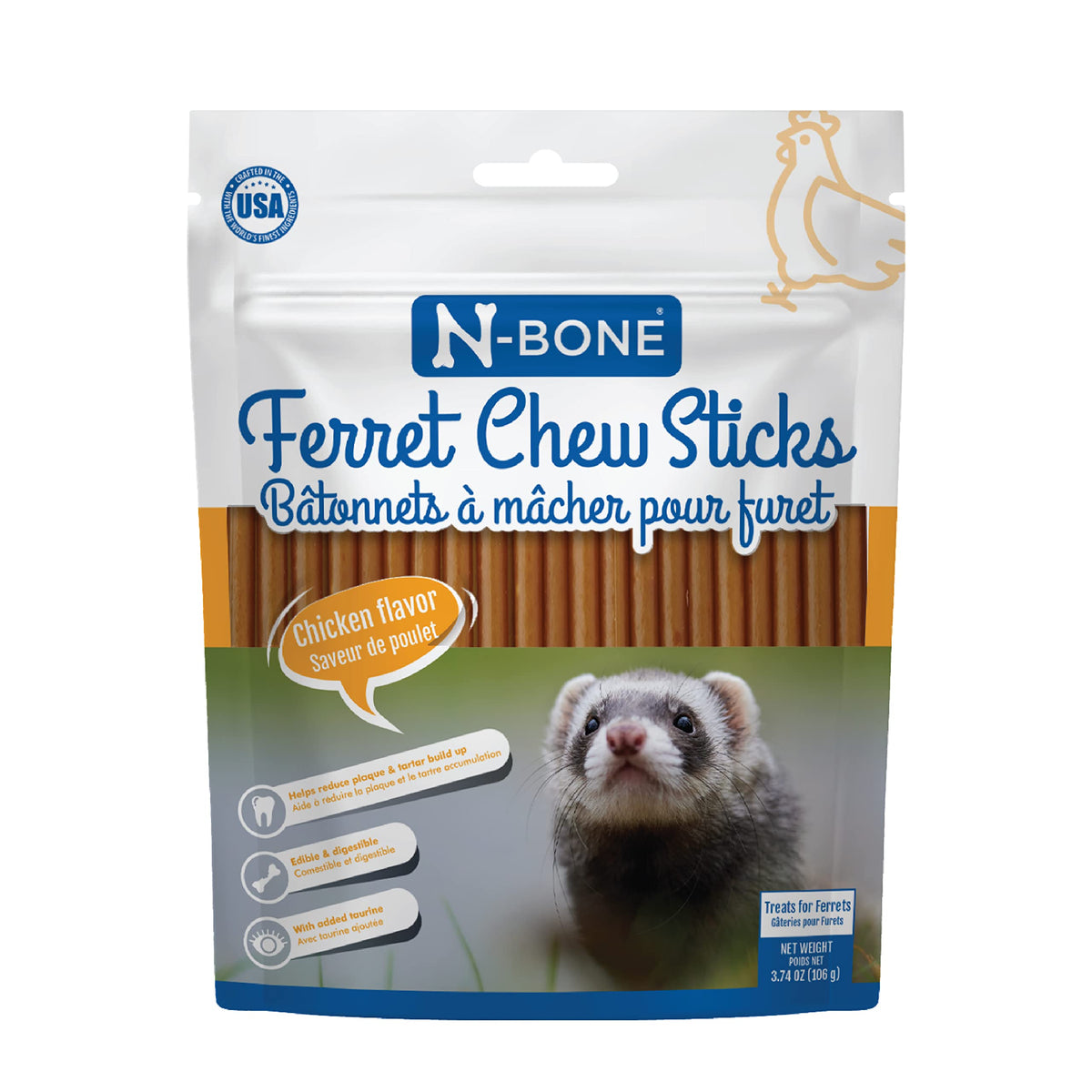 N-Bone Ferret Chew Sticks con sabor pollo, textura atractiva para masticar diariamente.