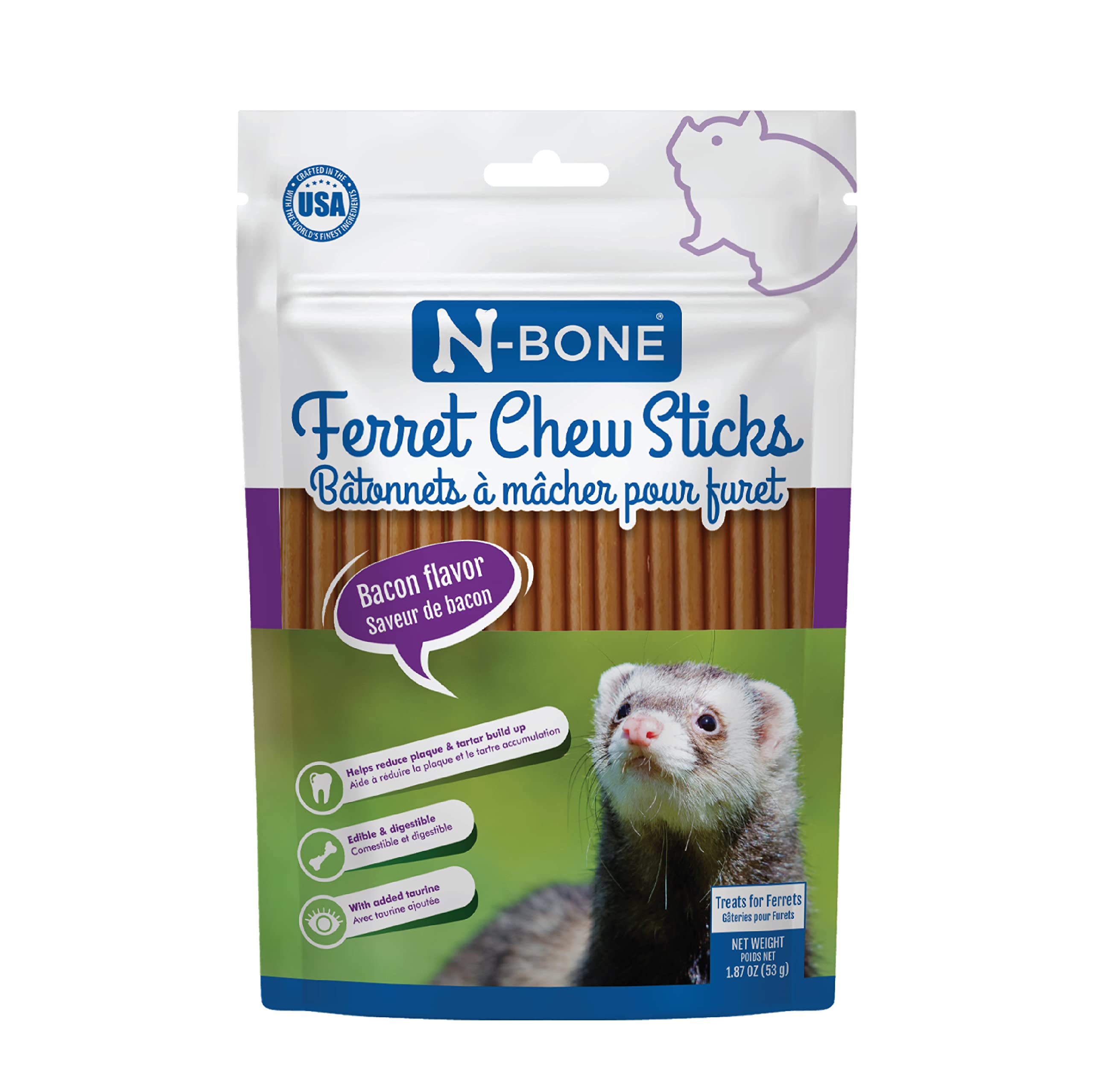N-Bone Ferret Chew Sticks sabor bacon, mordida sabrosa para higiene dental.