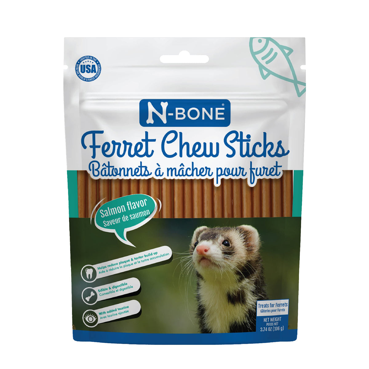 N-Bone Ferret Chew Sticks sabor salmón en bolsa, snack sabroso para hurón