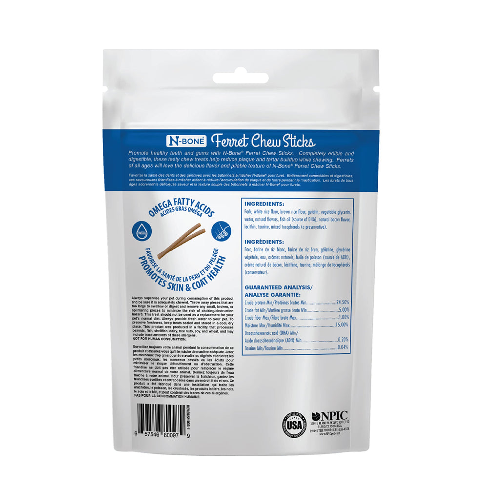 N-Bone Ferret Chew Sticks textura pliable para masticación prolongada.