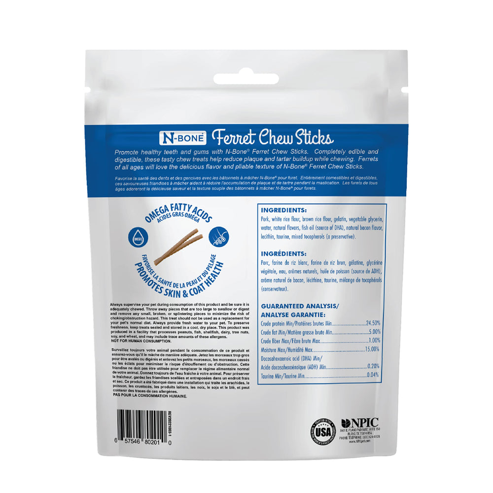 N-Bone Ferret Palitos Masticables sabor tocino, textura duradera para masticación prolongada