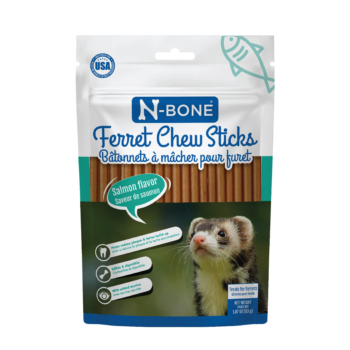 N-Bone palitos masticables para hurones sabor salmón, empaque frontal, snack sabroso.