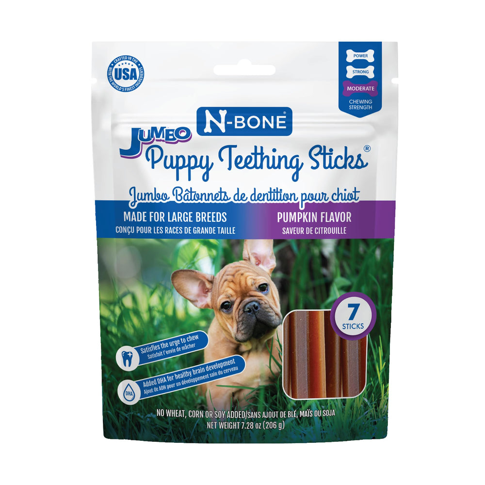 N-Bone Jumbo Palitos de Dentición Calabaza frente al empaque, ideal para dentición de cachorros grandes