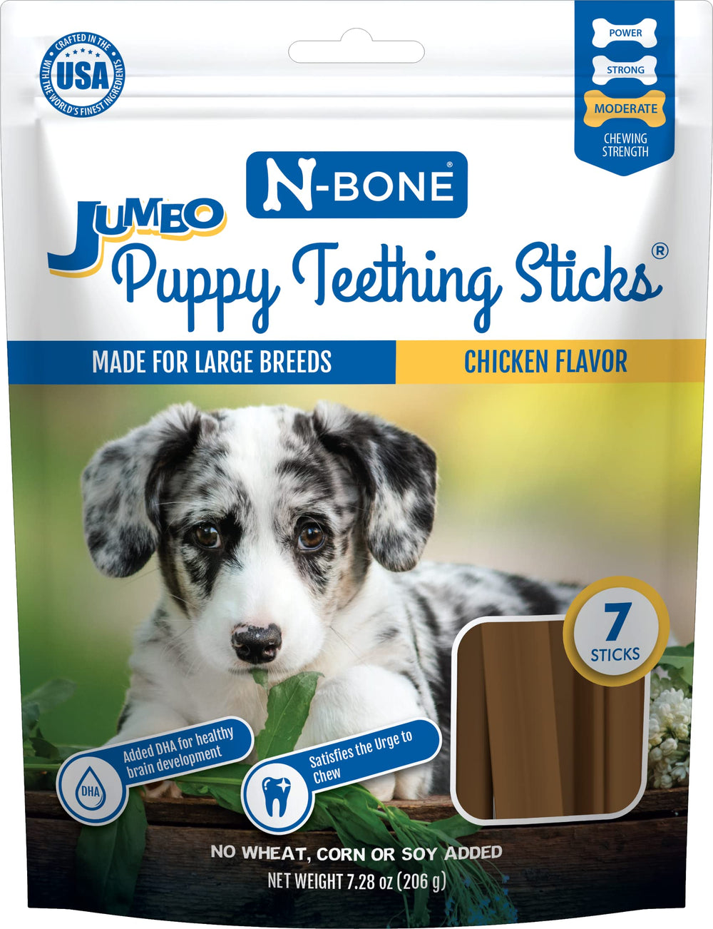 N-Bone Jumbo Puppy Teething Sticks empaque con sabor pollo para cachorros grandes
