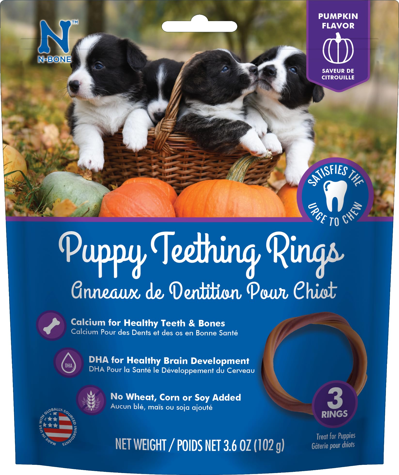 N-Bone mordedor para cachorros con anillos sabor calabaza, alivia la dentición.