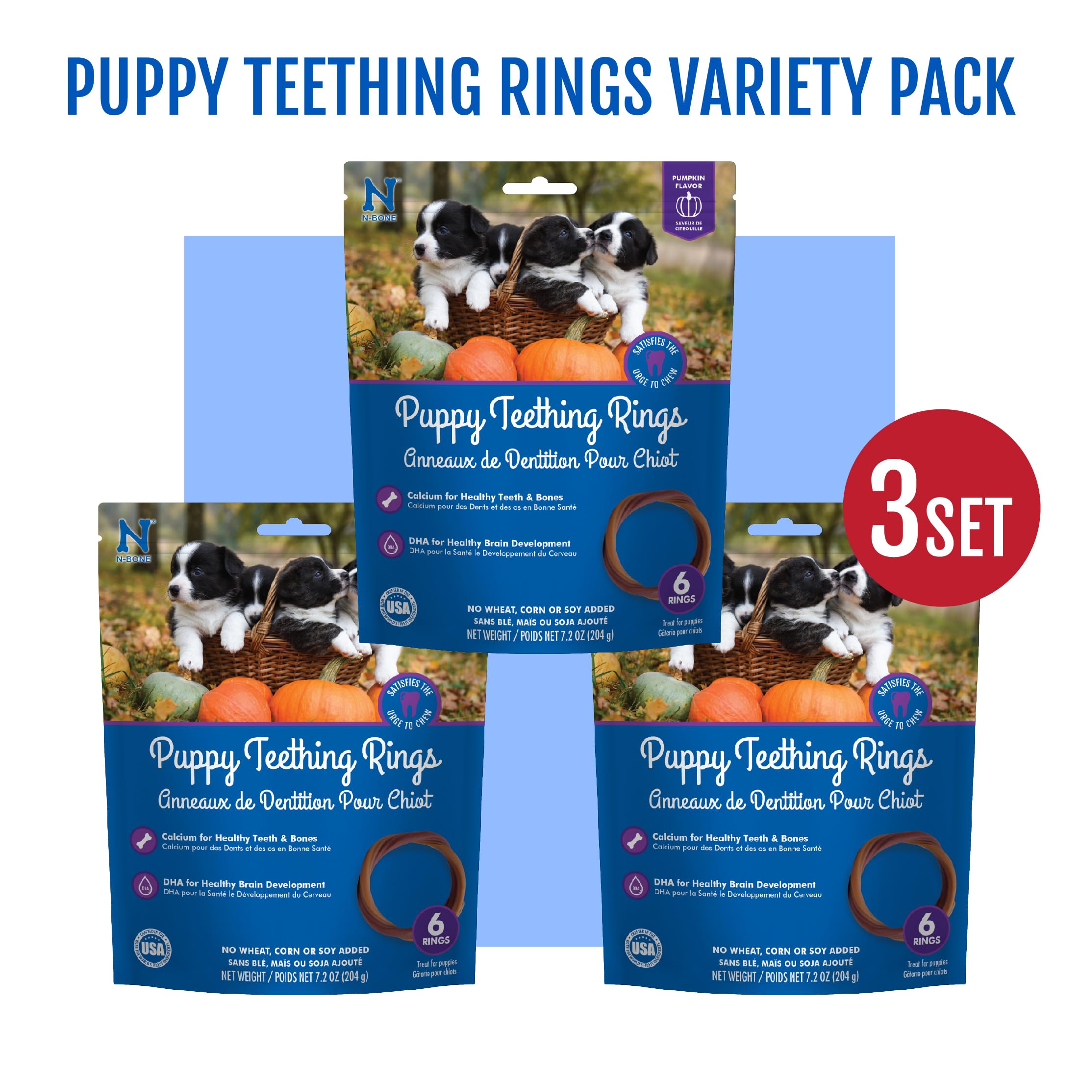 N-Bone Puppy Teething Rings sabor calabaza, anillos que fomentan la masticación segura.