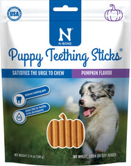 N-Bone Puppy Teething Sticks Calabaza, frente: sabor delicioso para cachorros en dentición.