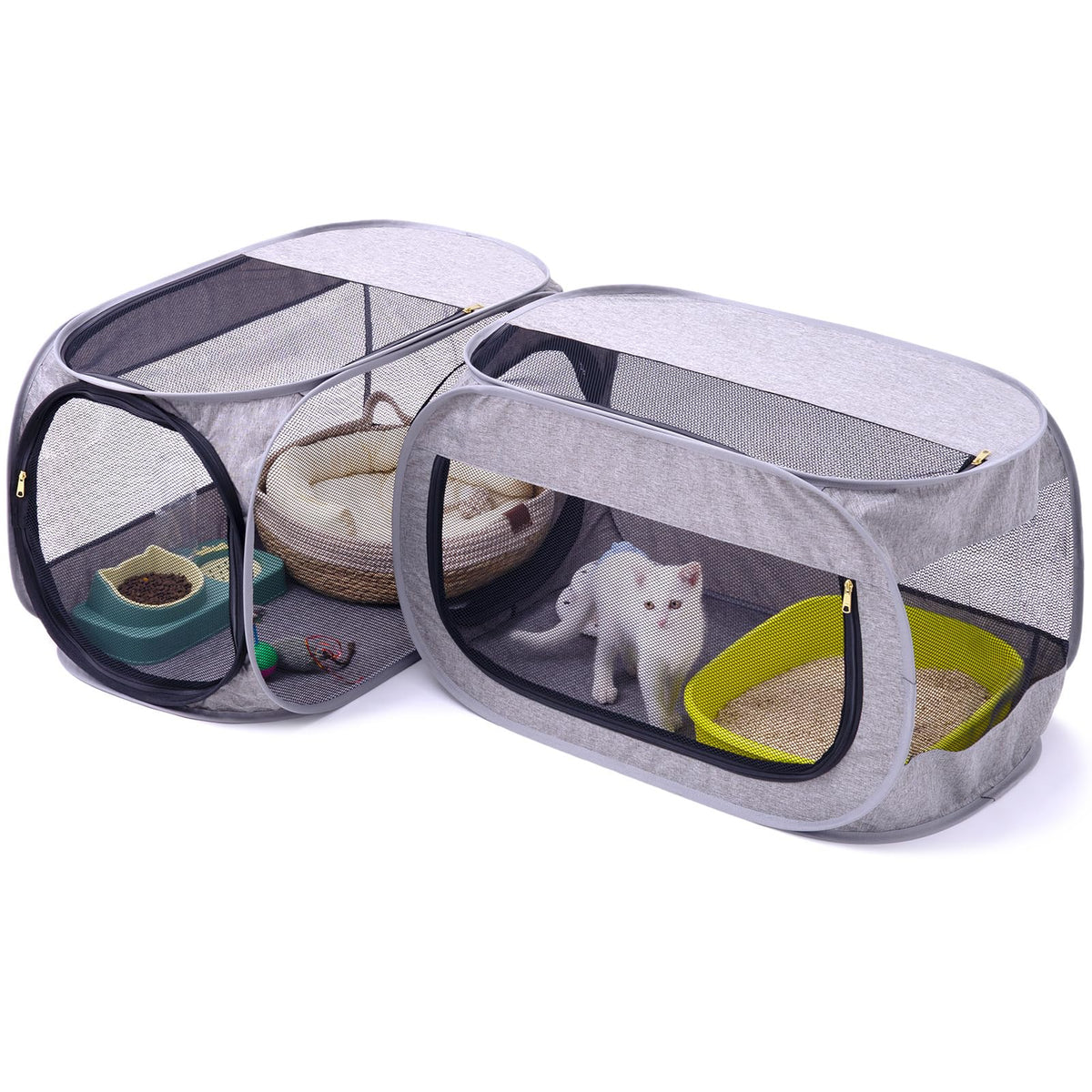 Recinto NAFU para gatos en esquina, diseño compacto que ahorra espacio interior.