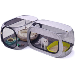 Recinto NAFU para gatos en esquina, diseño compacto que ahorra espacio interior.
