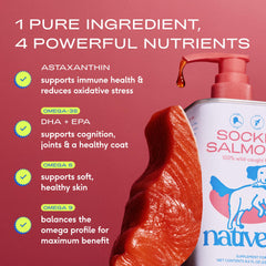 Native Pet aceite sockeye vertido sobre comida para perros y gatos.