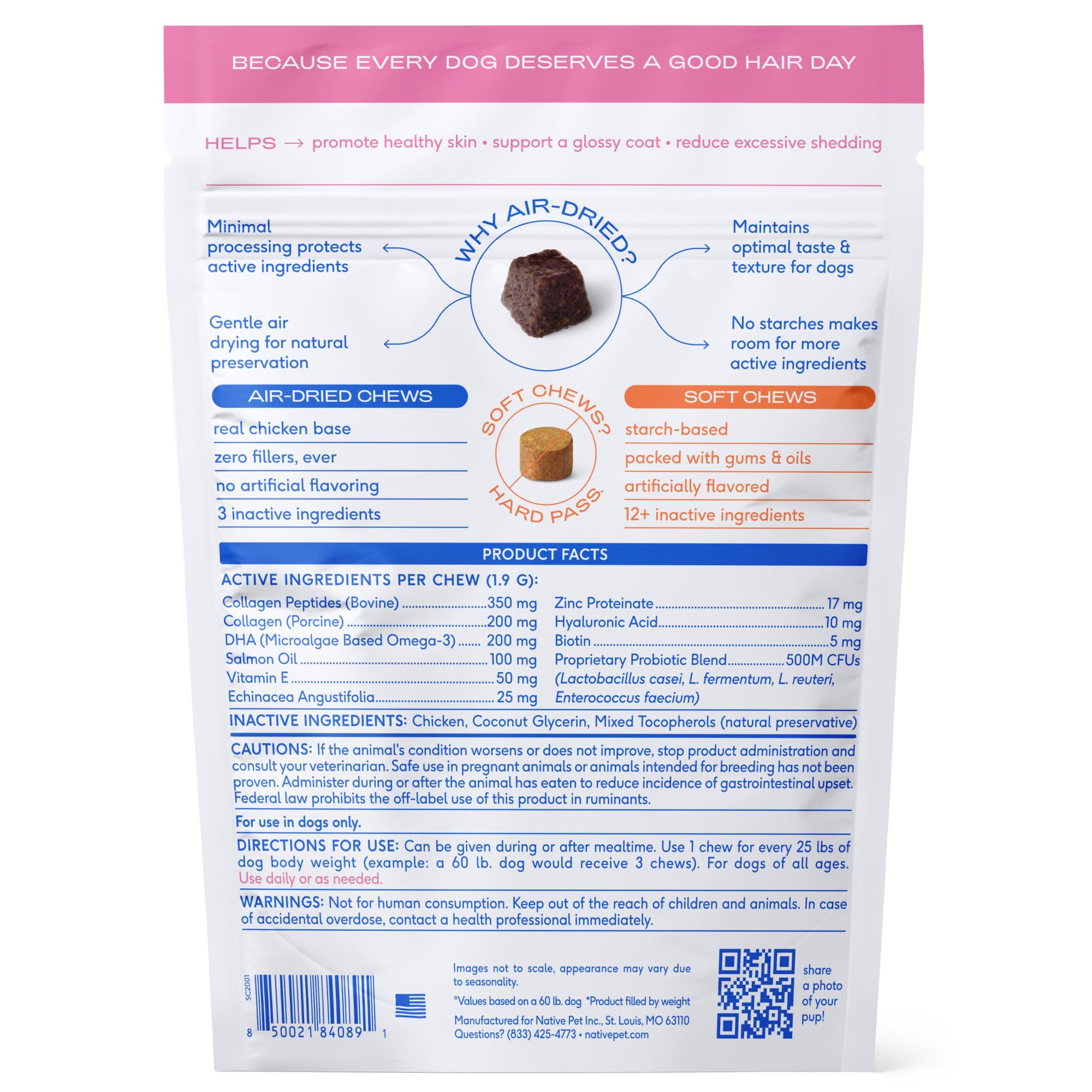 Native Pet Skin & Coat Chews: apoyo a la piel, brillo y control de muda.