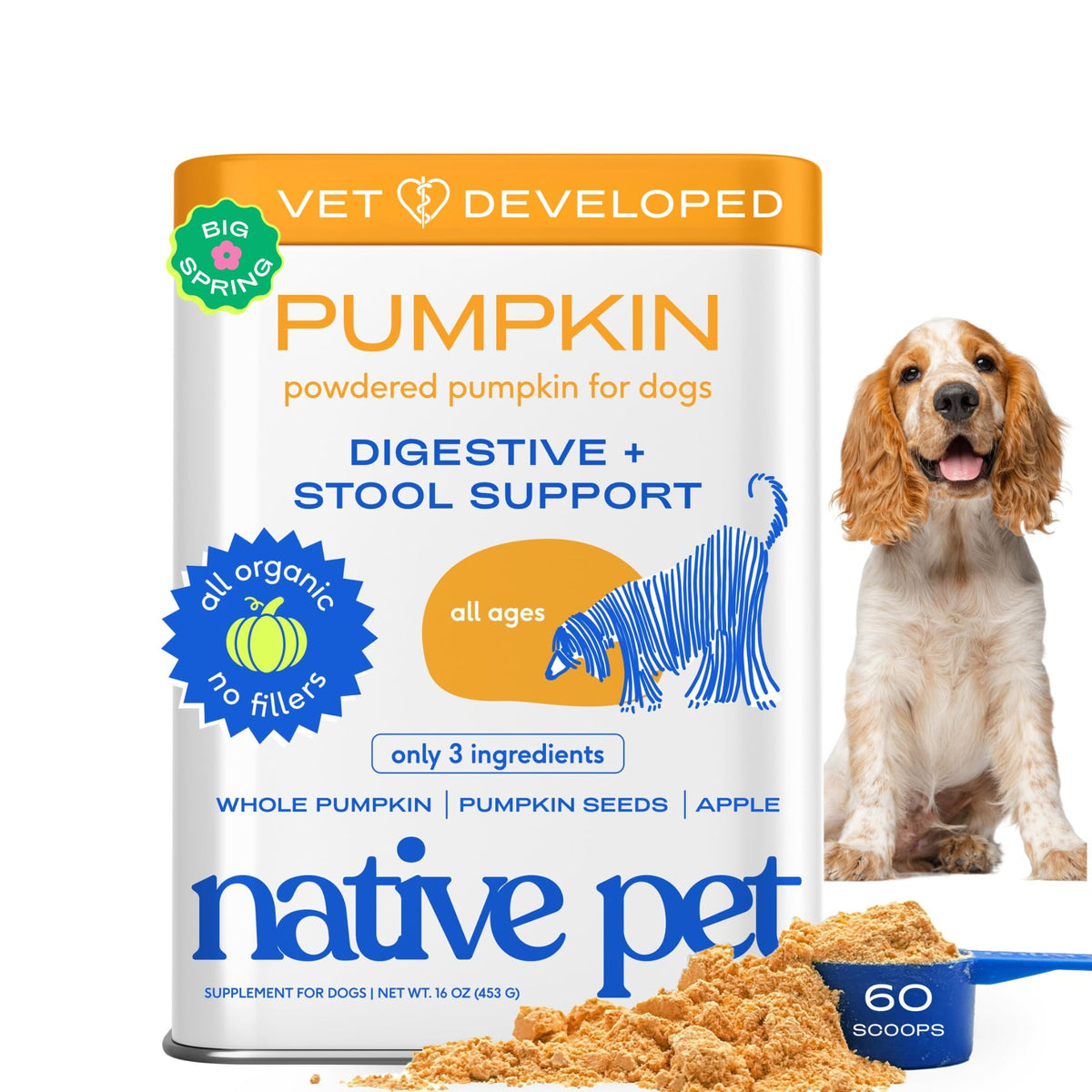 Native Pet calabaza orgánica para perros en envase, favorece digestión suave.