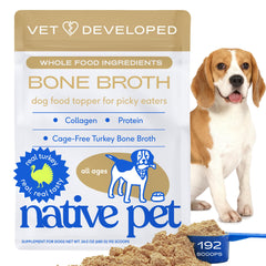 Native Pet Caldo de Hueso de Pavo, envase visible, aderezo delicioso para perros y gatos.