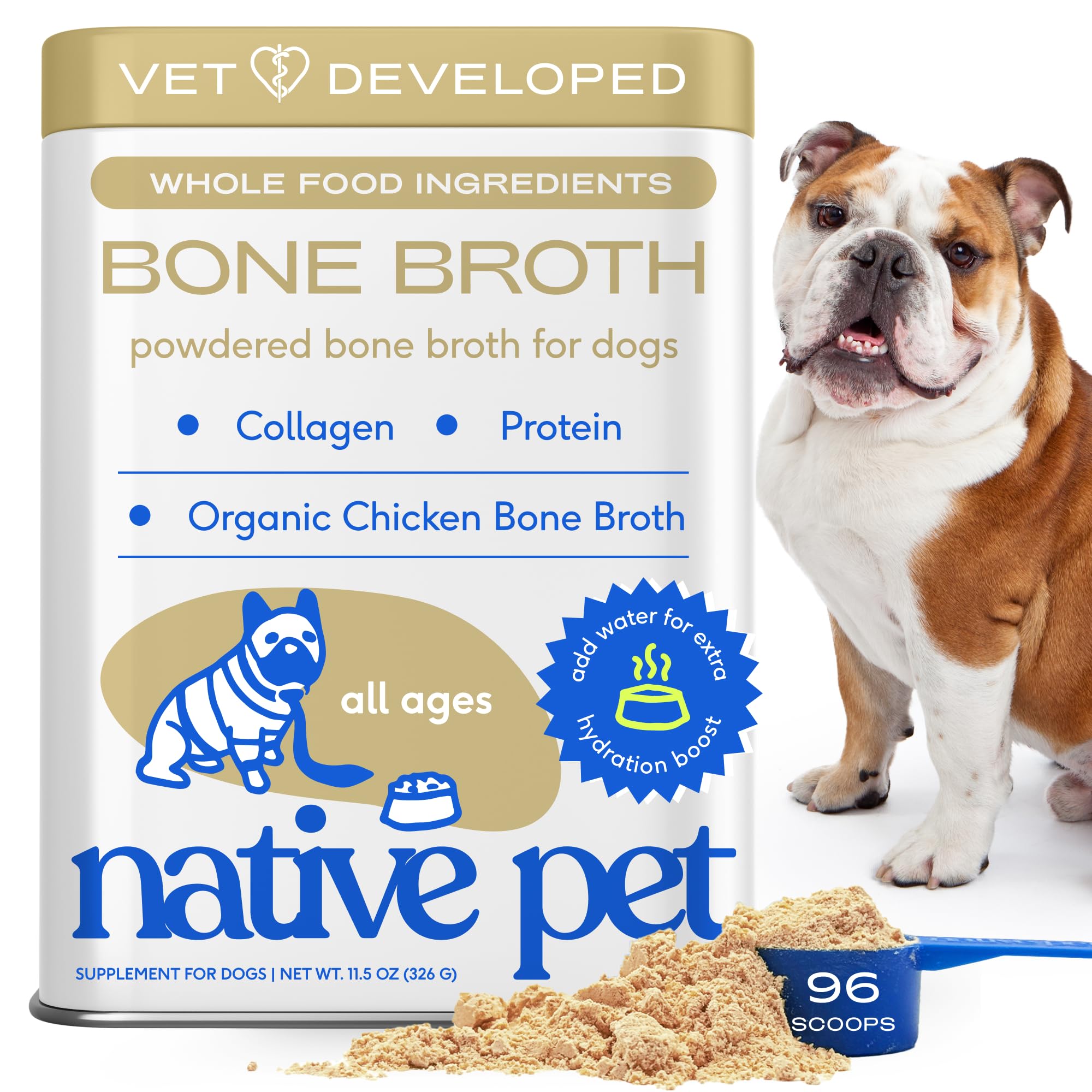 Native Pet caldo de huesos de pollo en polvo para perros y gatos, sabor apetitoso para mayor palatabilidad