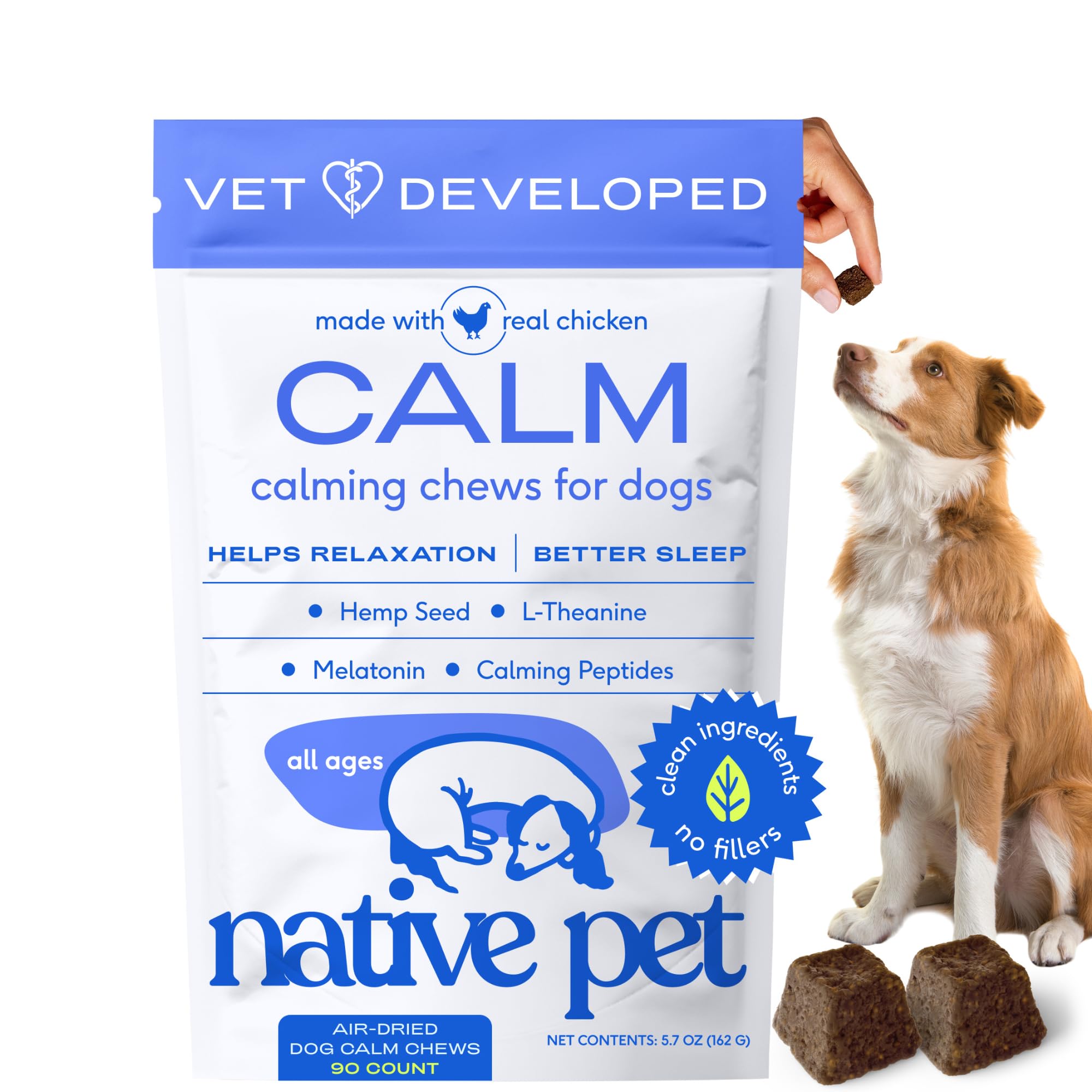 Native Pet Calming Chews para perros grandes, vista frontal del envase y sensación de calma