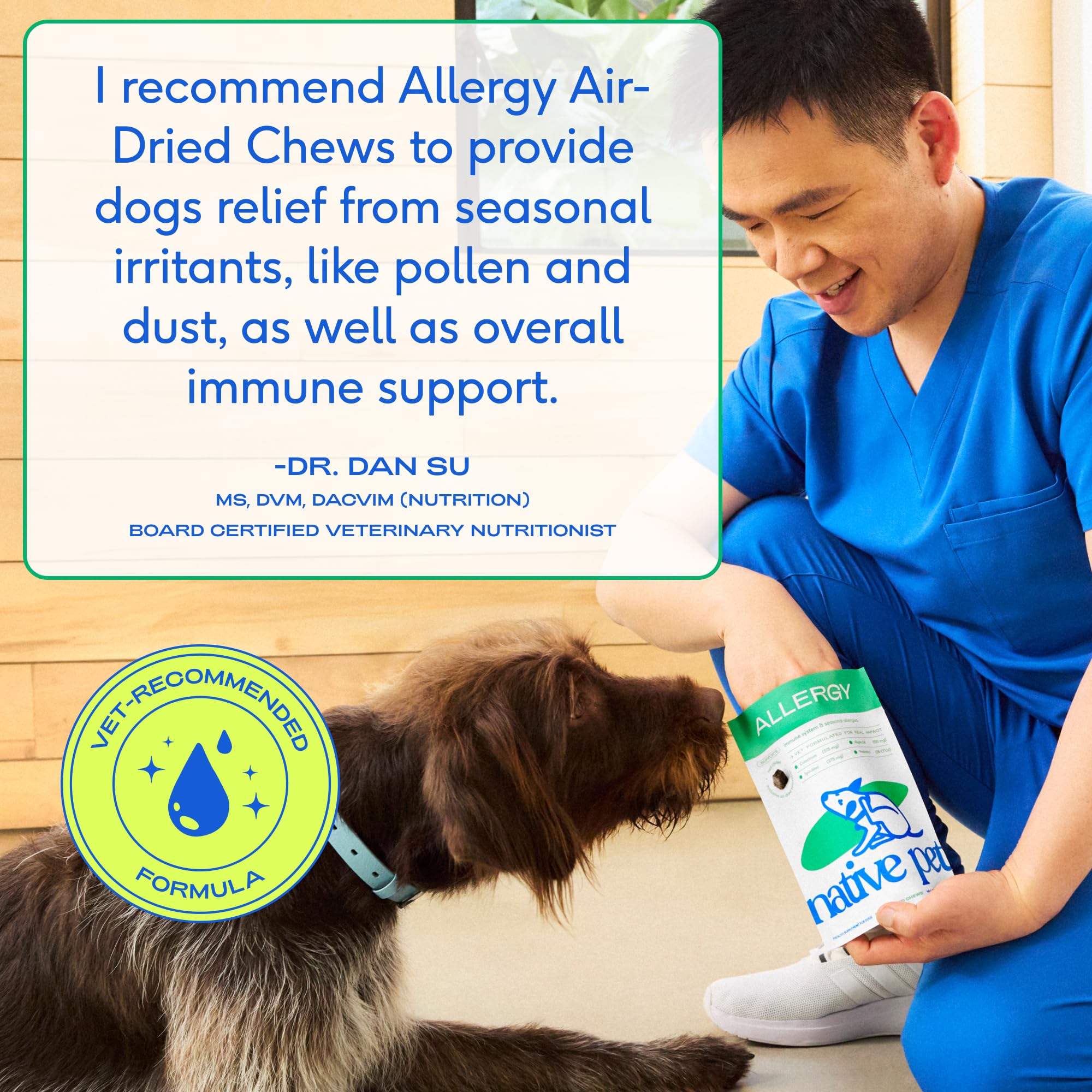 Native Pet Dog Allergy Chews sabor pollo real, paladar sabroso para perros XL.