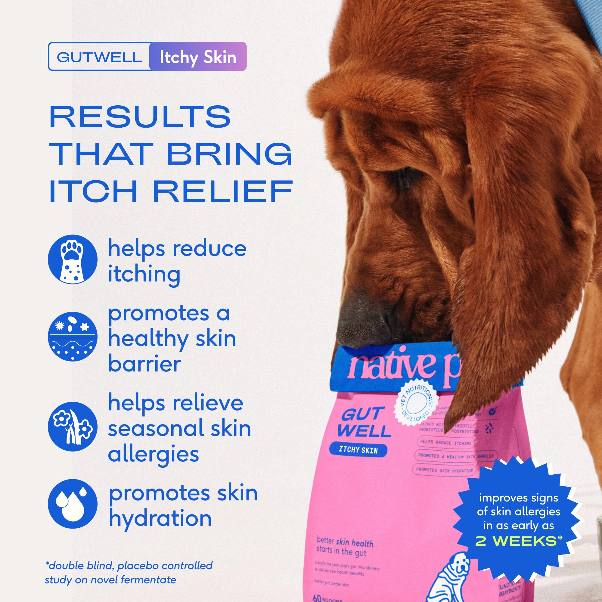Native Pet GutWell bote-pellets para uso diario y piel hidratada.