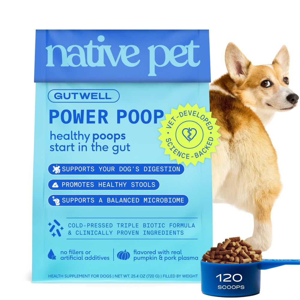 Native Pet GutWell Power Poop: botella vierte para apoyo digestivo diario en perros.