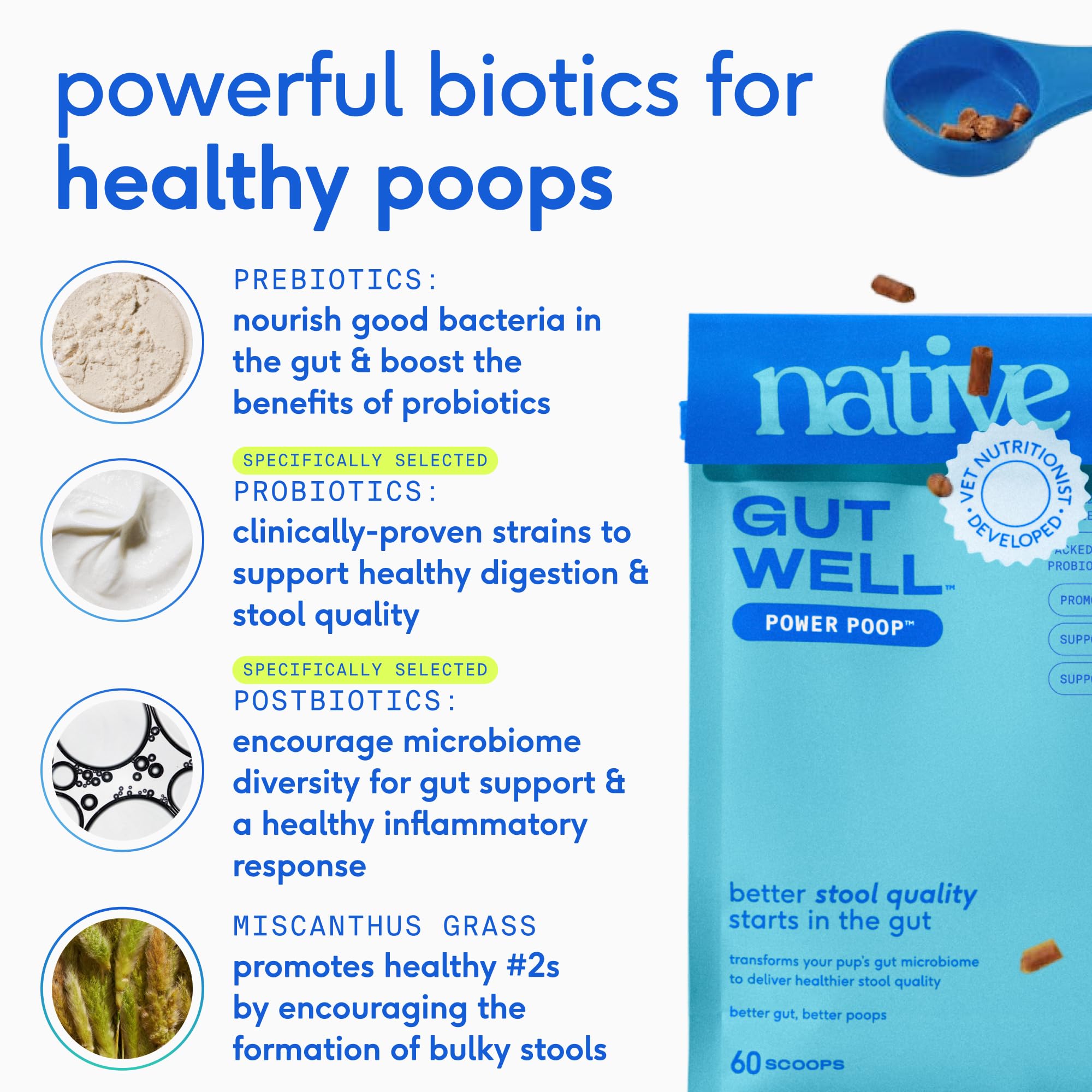 Native Pet GutWell Power Poop: dosis diaria fácil de mezclar durante la comida.