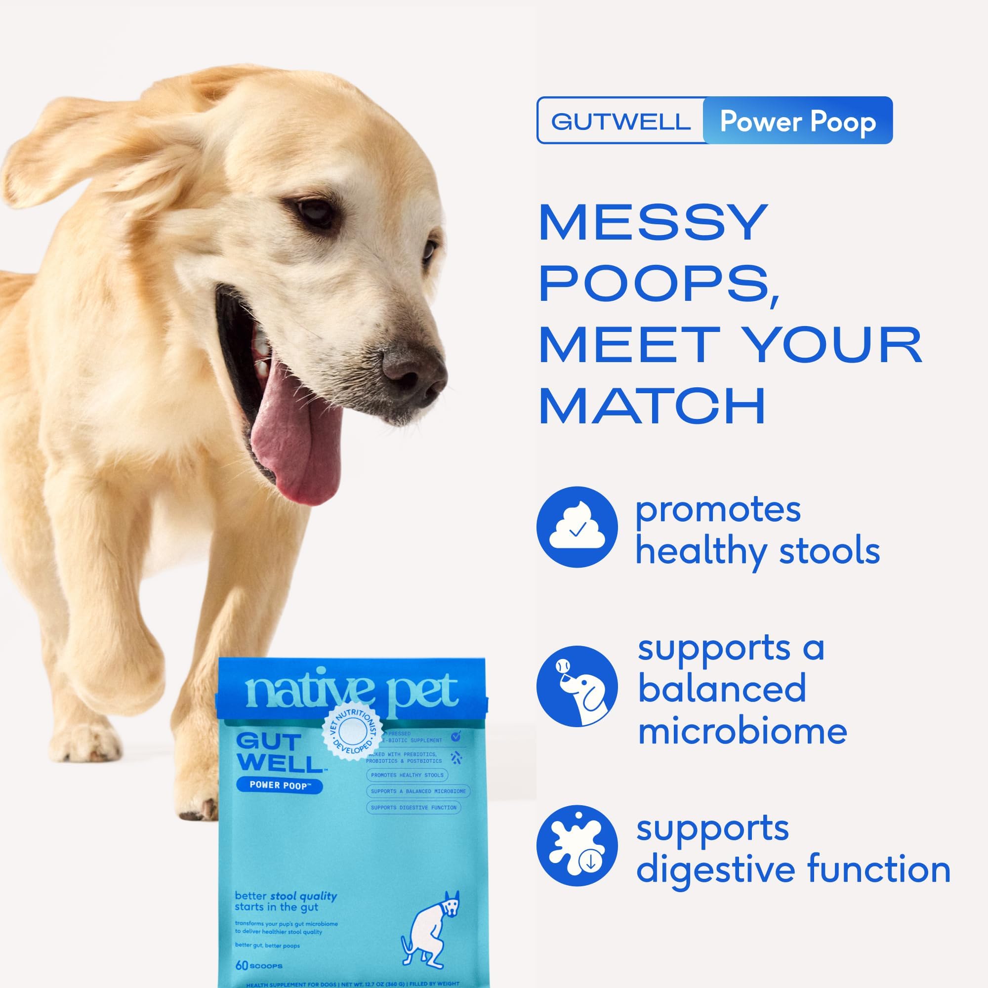 Native Pet GutWell Power Poop medidor de dosificación para facilitar la administración.