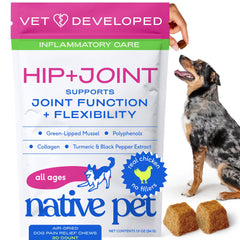 Native Pet Inflammatory Care bottle label highlights USA-made formula for dogs joint support.