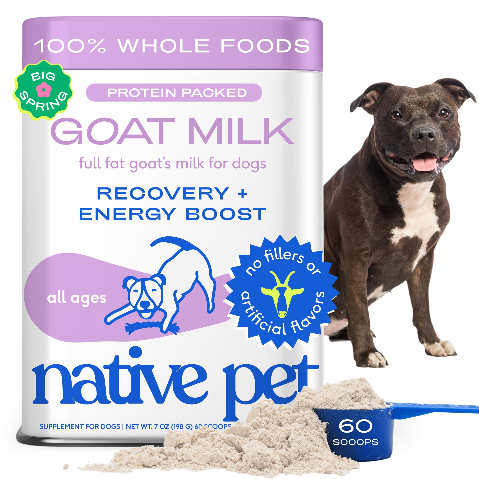 Native Pet leche de cabra en polvo en bote para perros activos.