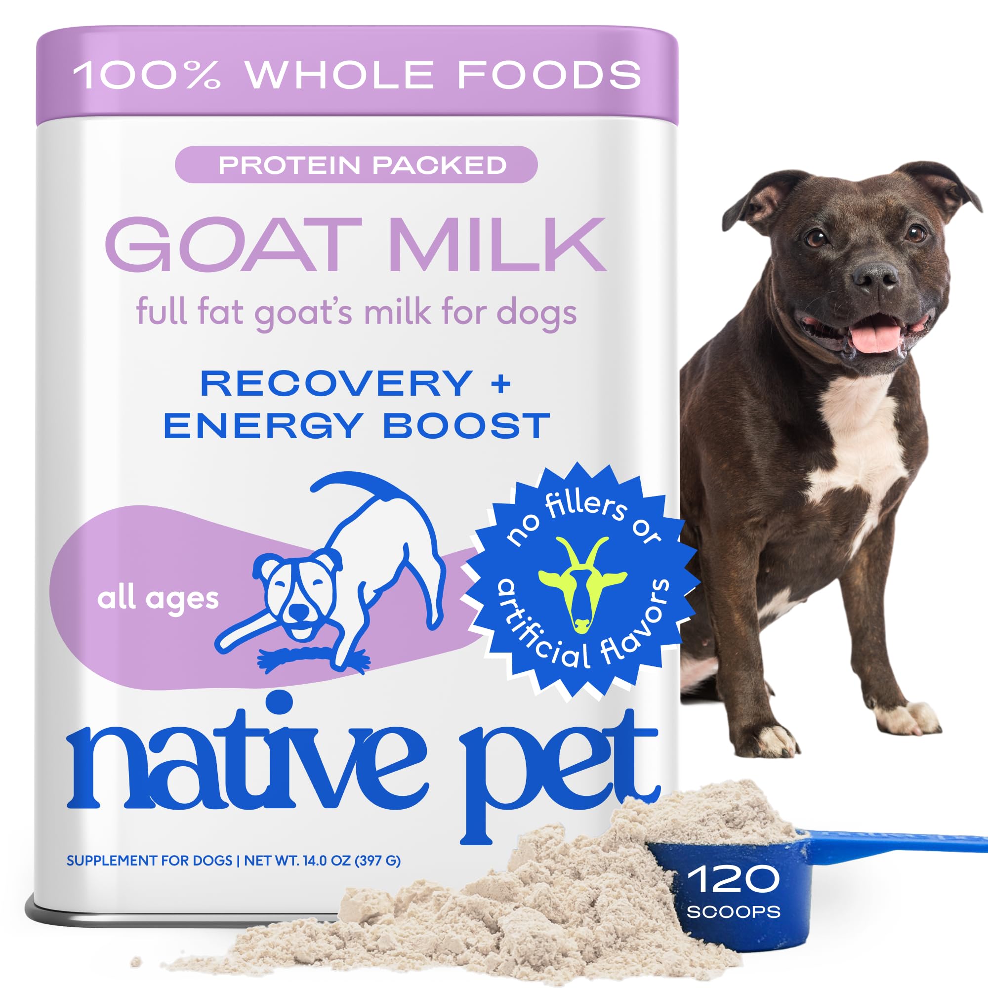 Native Pet leche de cabra en polvo, bote: energía y recuperación tras el ejercicio.