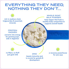 Native Pet leche de cabra en polvo, etiqueta nutricional: minerales y MCT naturales.