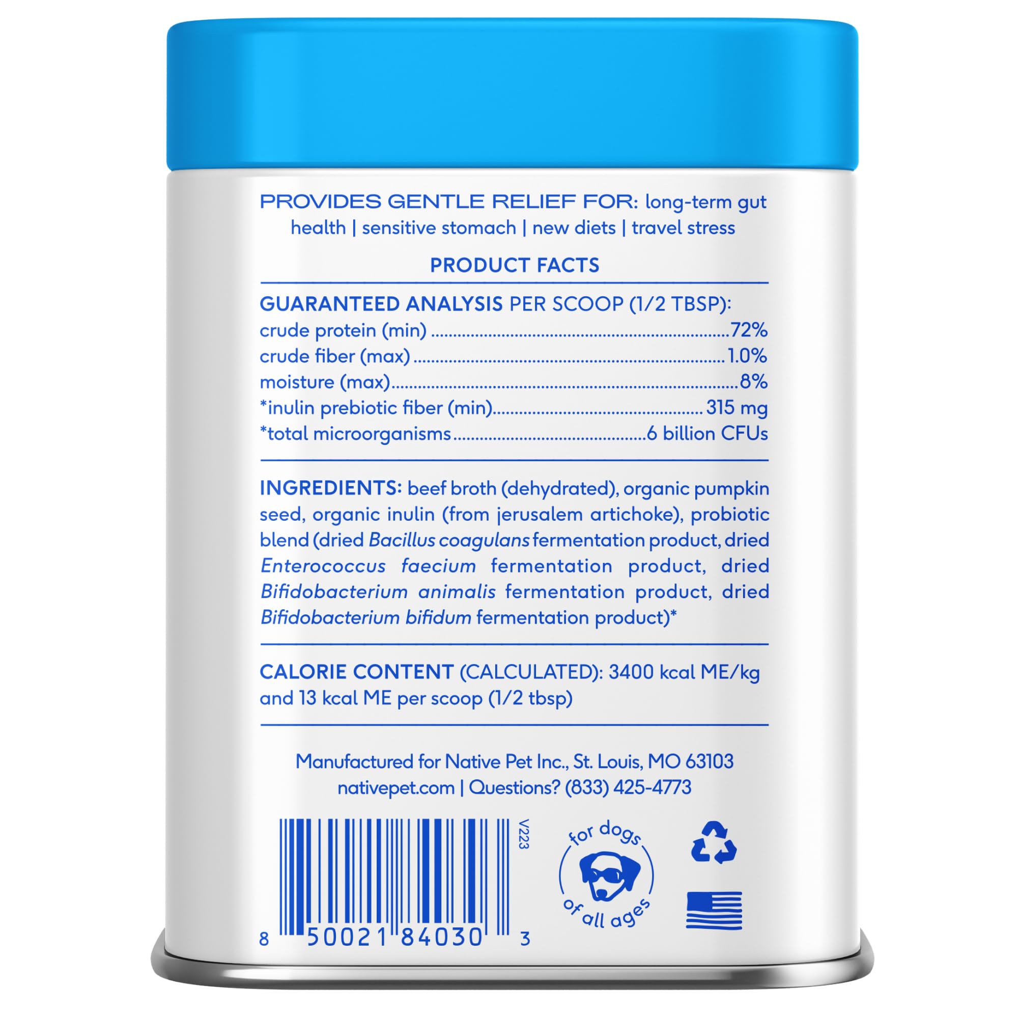 Native Pet Probiotics apto para cachorros y senior, sirve todas las edades
