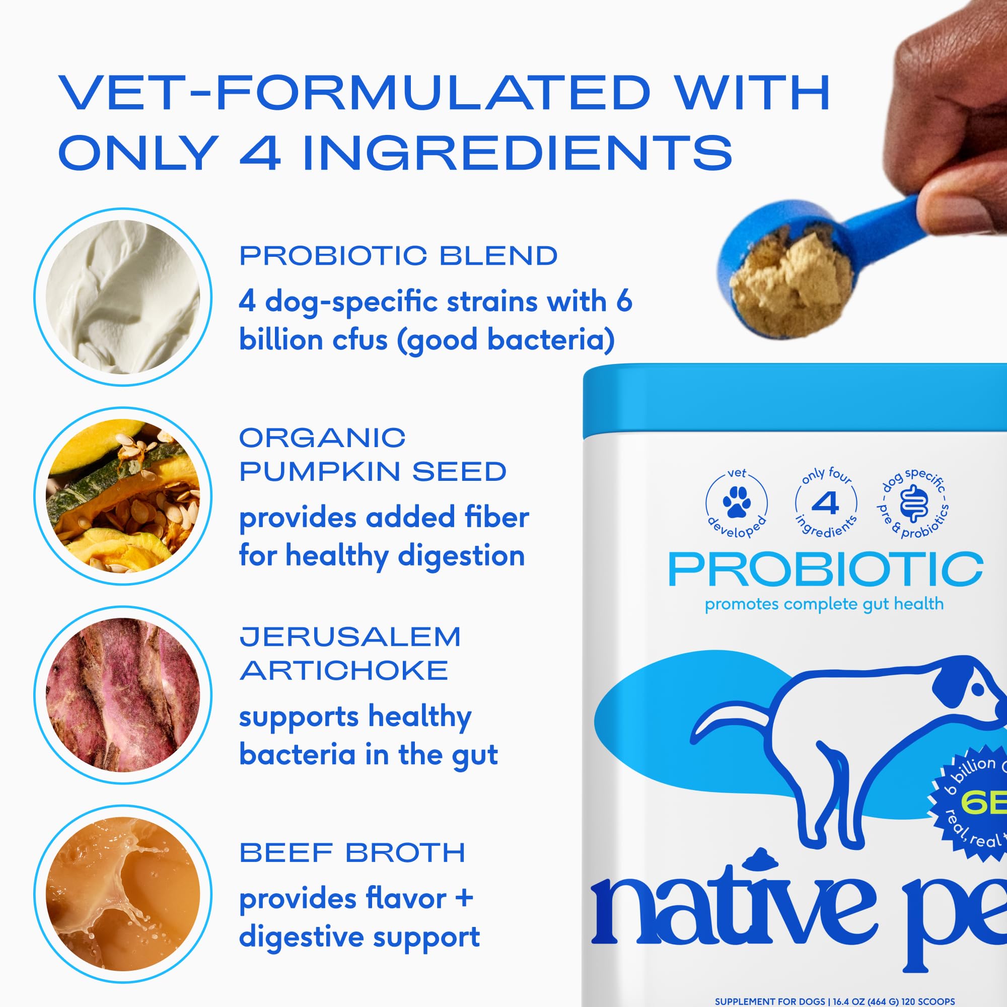 Native Pet Probiotics mezclado en comida seca para una incorporación sin esfuerzo.