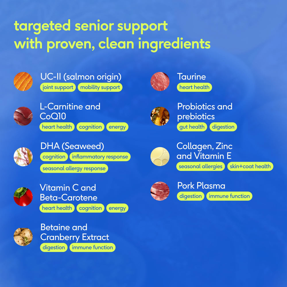 Native Pet Senior probióticos y prebióticos para digestión equilibrada.