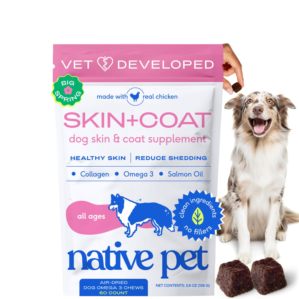 Native Pet masticables piel y pelaje, empaque atractivo para pelaje sano.