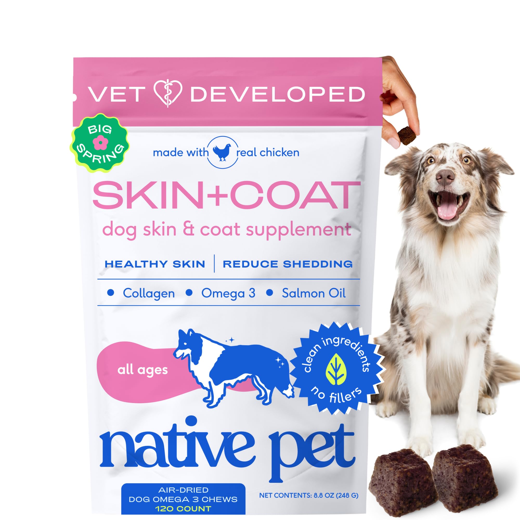 Native Pet Skin & Coat Chews: paquete mostrando bocados para piel sana y pelaje brillante.