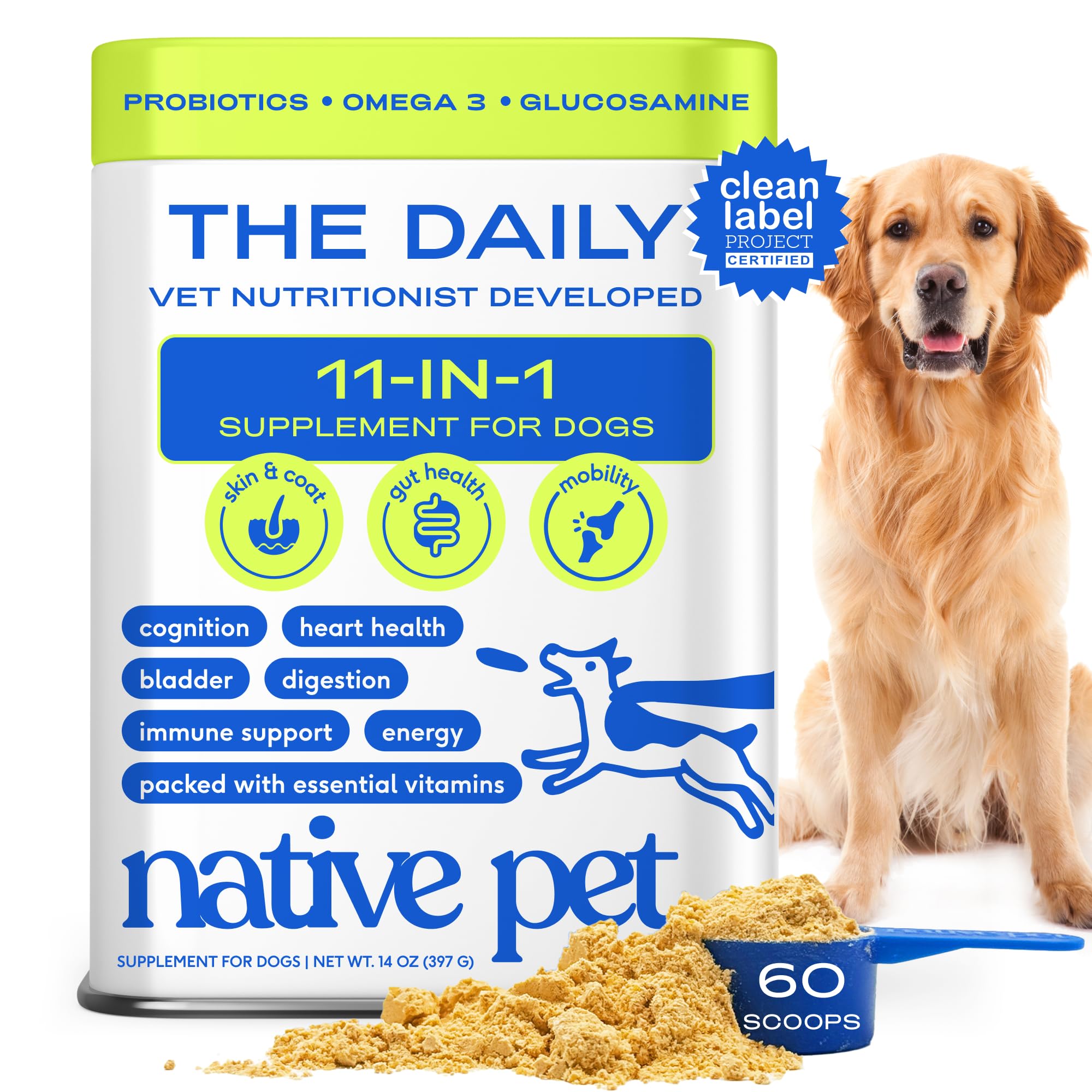 Native Pet vitaminas diarias para perro: dosis-botella para uso diario.