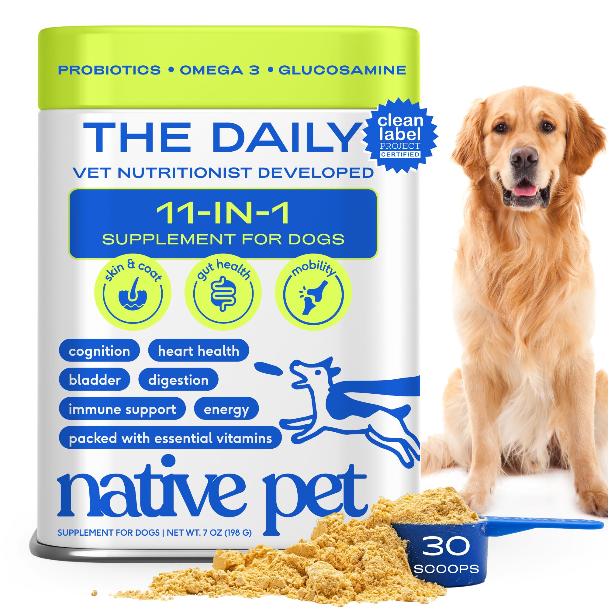 Native Pet, empaque del polvo de vitaminas para perro, listo para añadir a la comida y apoyar la nutrición.