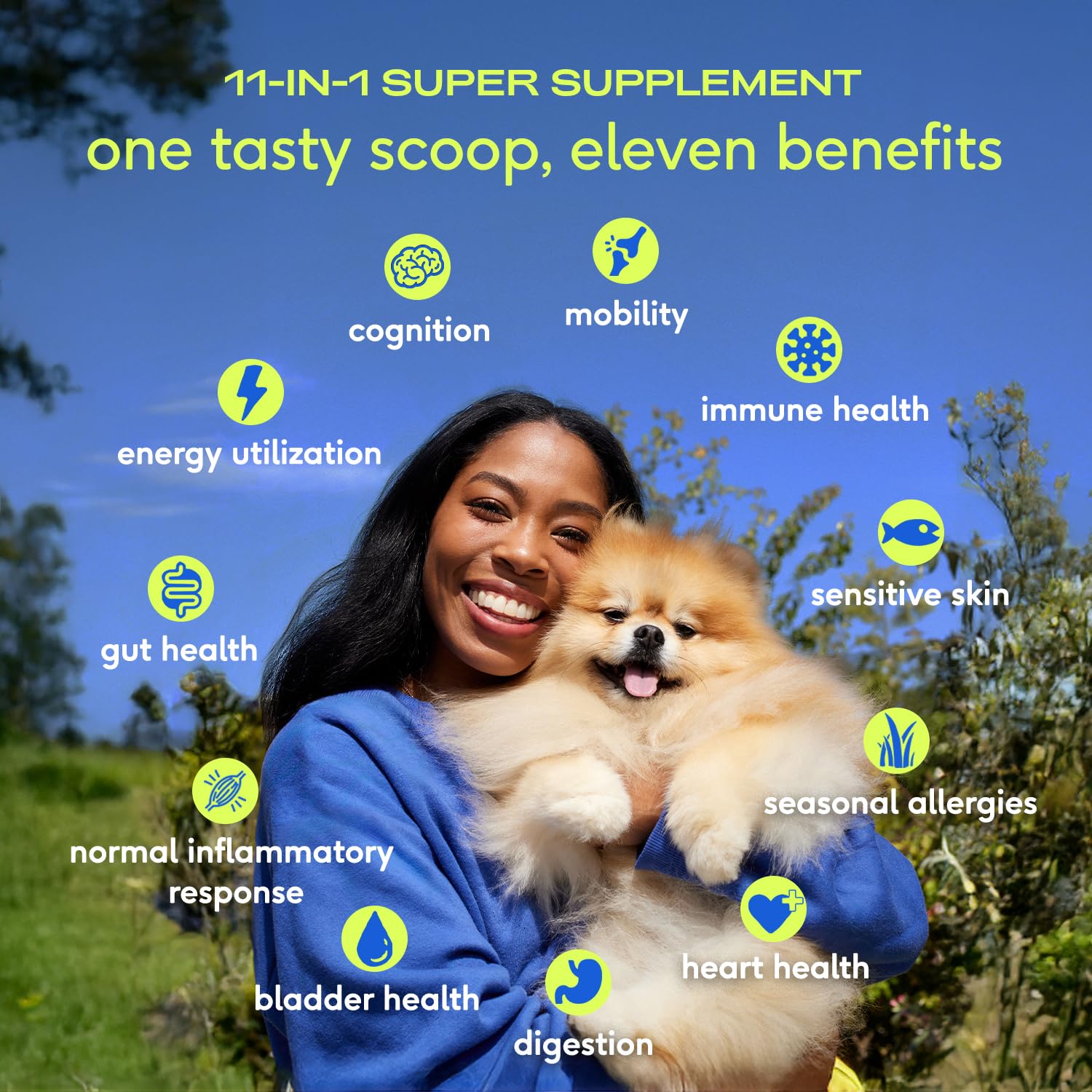 Native Pet, polvo espolvoreado en comida para perro, mejora la integración de nutrientes diarios.