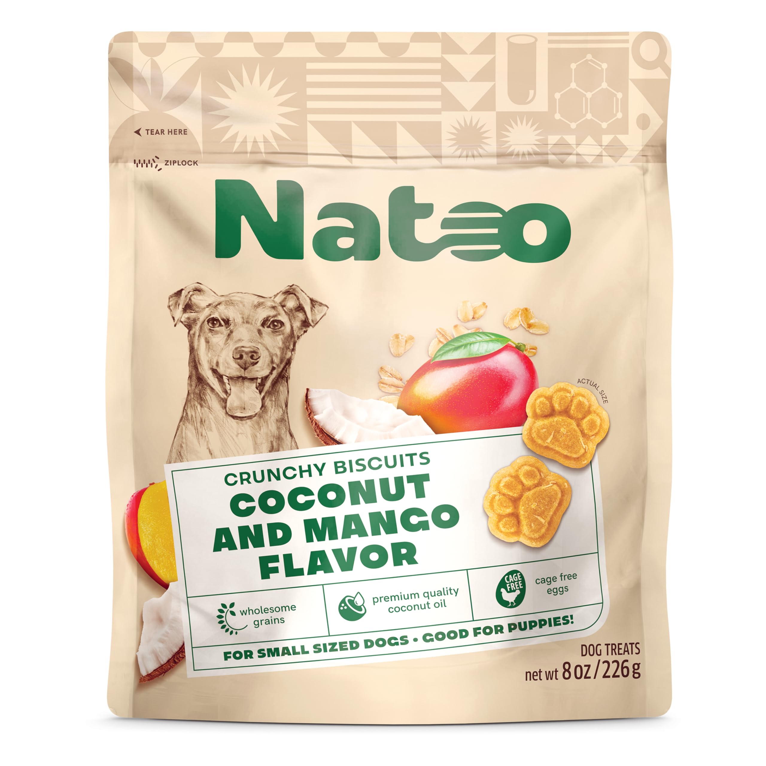 NATOO galletas para perros pequeños con coco y mango, crujientes y sabrosas.
