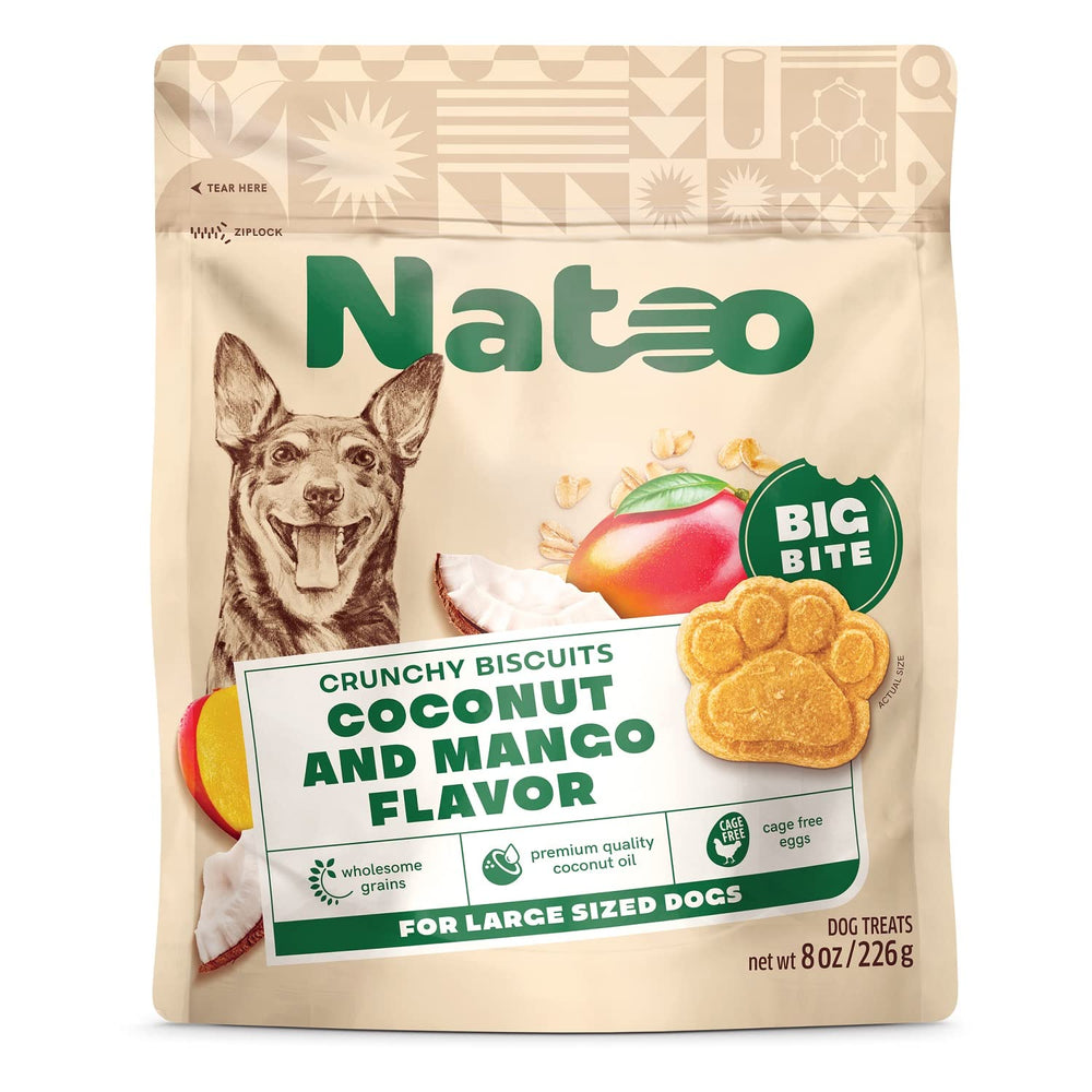 NATOO: bolsa de galletas para perros coco mango, snack delicioso para perros grandes.