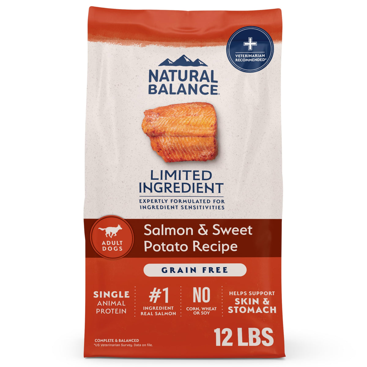 Natural Balance alimento para perros con salmon y batata, bolsa de 12 lb, digestión suave.