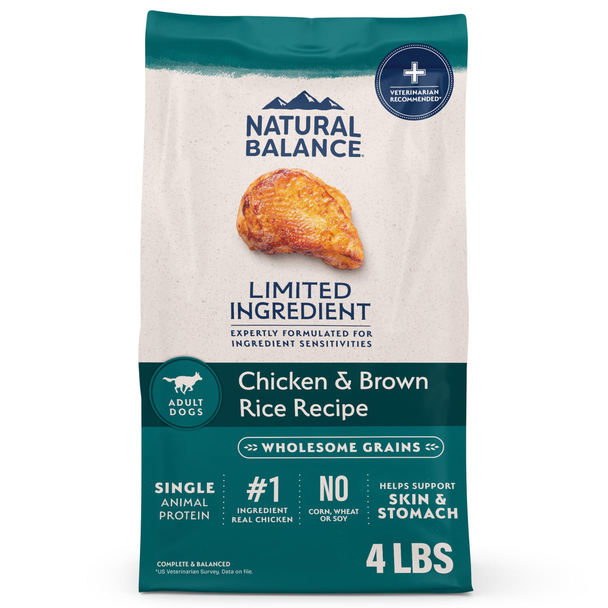 Natural Balance alimento seco para perros adultos con pollo como primer ingrediente y arroz integral.