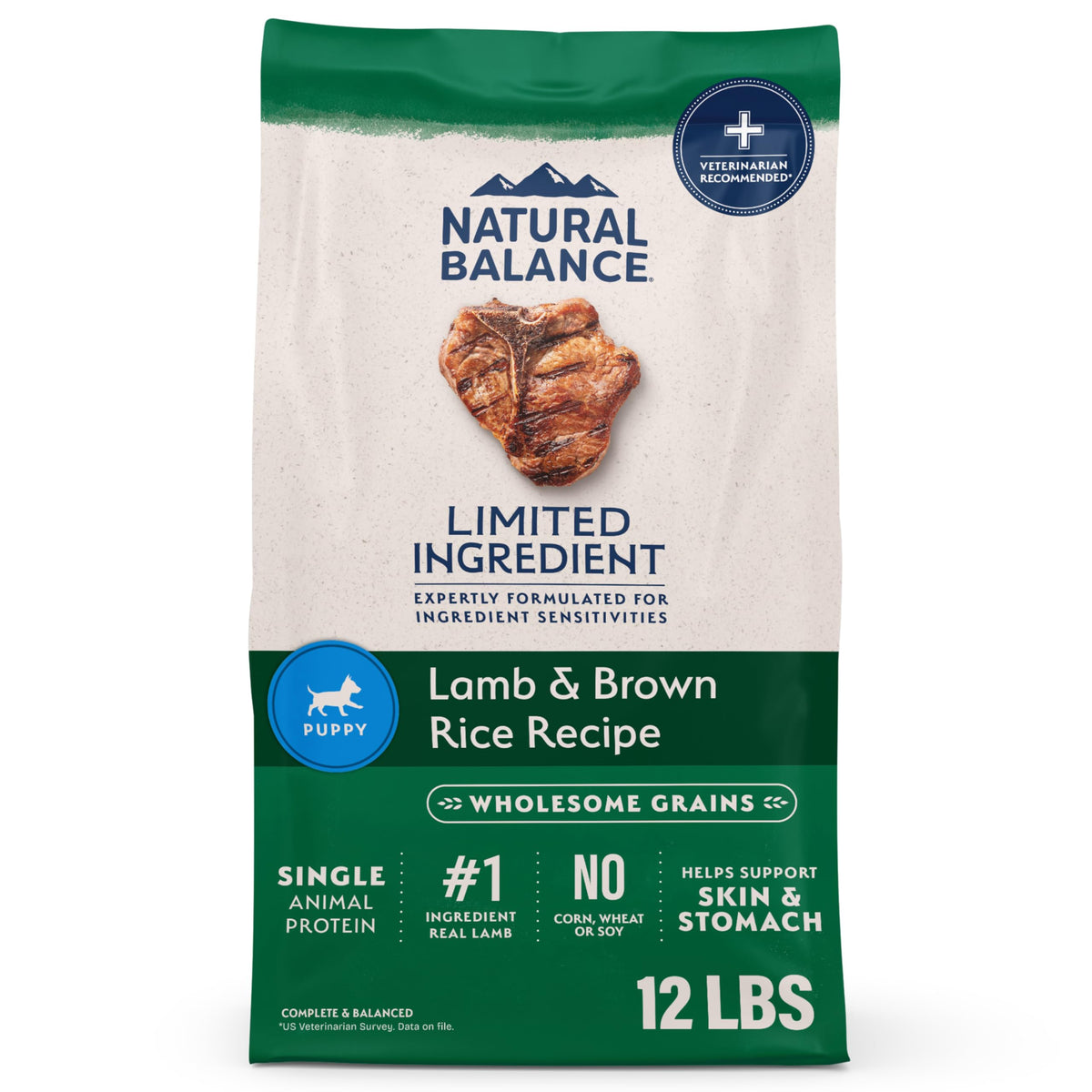 Natural Balance cachorros con cordero y arroz, bolsa de 12 libras para crecimiento saludable.