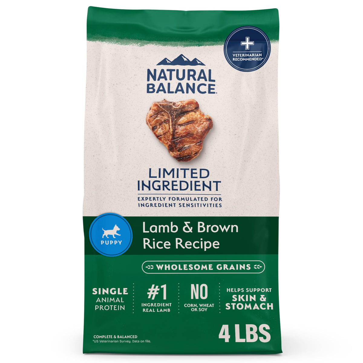 Natural Balance croquetas cordero-arroz, ideal para cachorros con digestión suave.